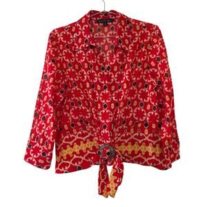 Lafayette 148 New York Red Ikat Print Button Front Blouse Women Sz 14 Tie Front